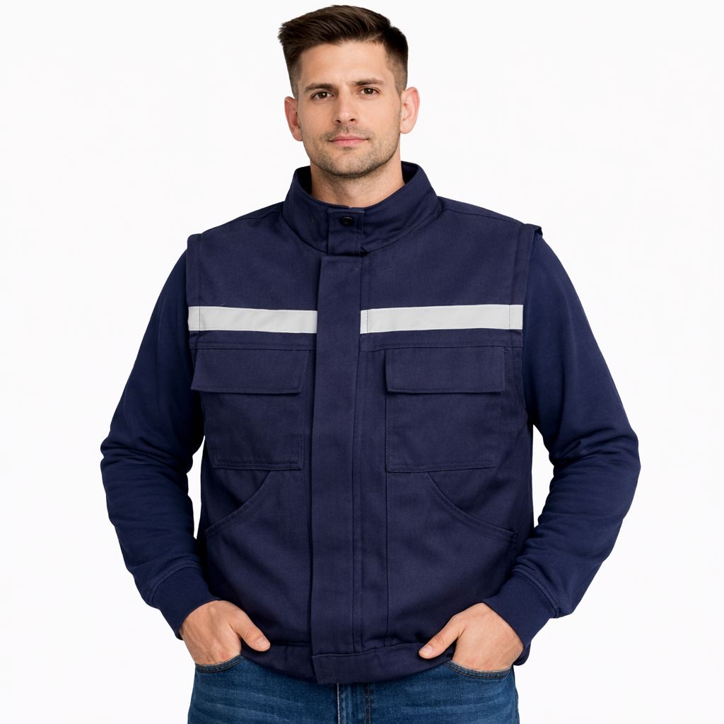 7/7 Gabardin Lacivert Yelek Kapitoneli Ve Reflektörlü