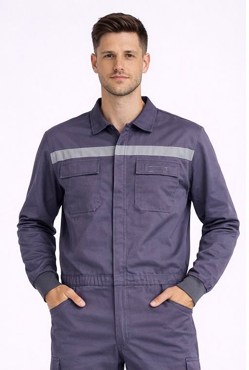 Gri Gabardin Reflektörlü 16/12 Boy Tulum İşçi Tulumu